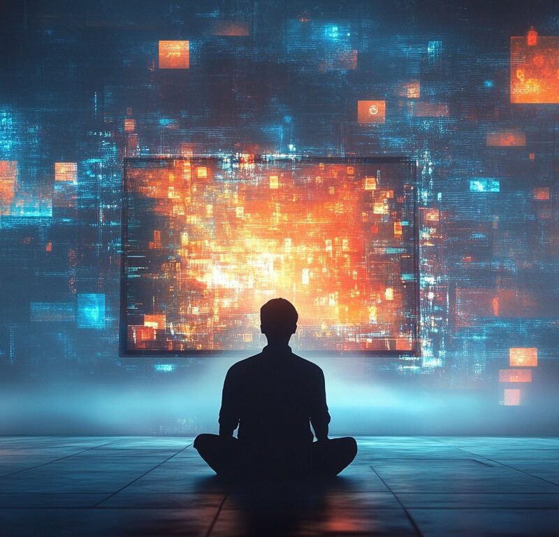 A lone figure seen from behind, seated before a glowing screen emitting fragmented symbols and ghostly algorithms, in a semi-abstract modernist setting --ar 2:1 --v 6.1 Job ID: 67b954d9-3946-4201-83b5-740147eb9820