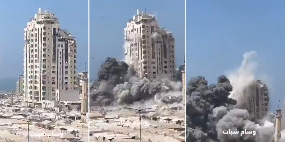 israele distrugge la torre mushtaha un grattacielo di 12 piani a gaza city video