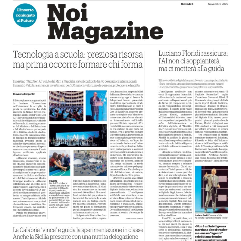 Su Noi Magazine l'AI a scuola, Valditara: 100 milioni di investimenti. Floridi: non ci soppianterà, ma servono competenze