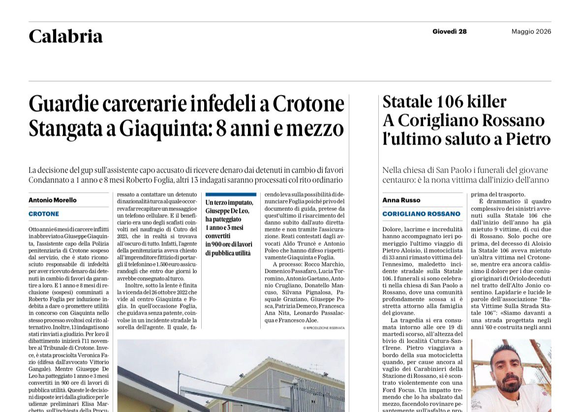 Rassegna stampa 28-05-2026 edizioni Calabria