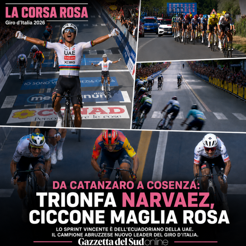 Il giro Cosenza s'inchina ai piedi del colombiano Narvaez, Ciccone (terzo) si prende la maglia rosa nella Citt&agrave; dei bruzi