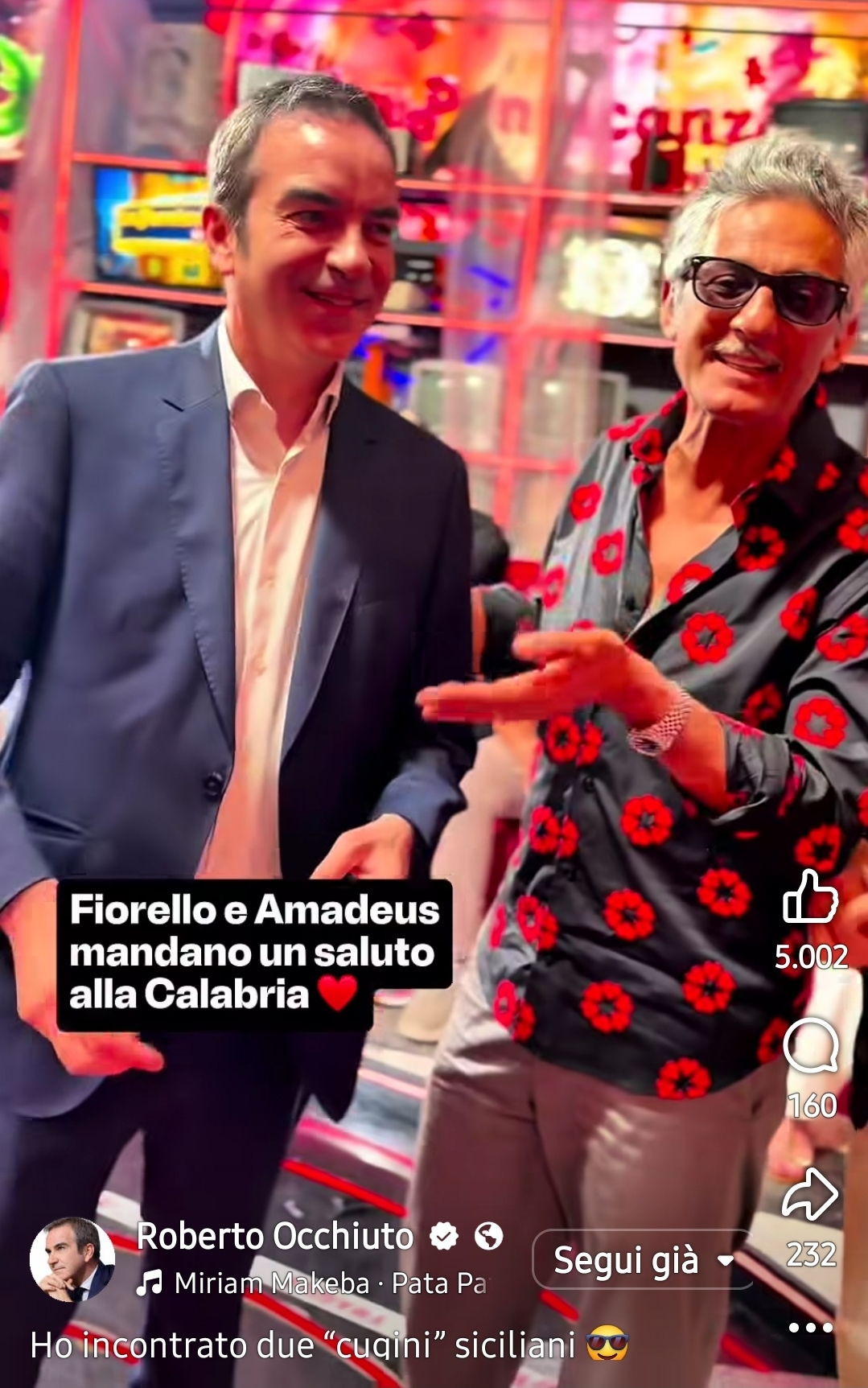«Un saluto ai cugini della Calabria!». Fiorello e Amadeus insieme a Occhiuto: il video diventa virale