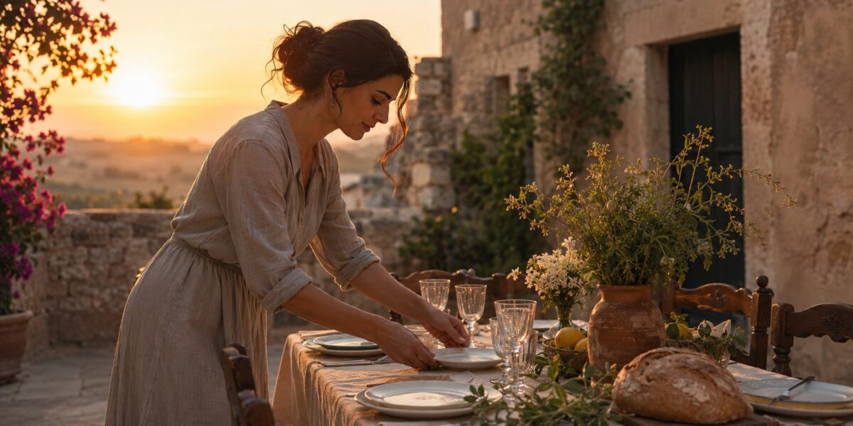 https://assets.gazzettadelsud.it/2026/07/Donna-che-apparecchia-con-cura-una-tavola-estiva-allaperto-al-tramonto-in-un-cortile-1200x600.jpg