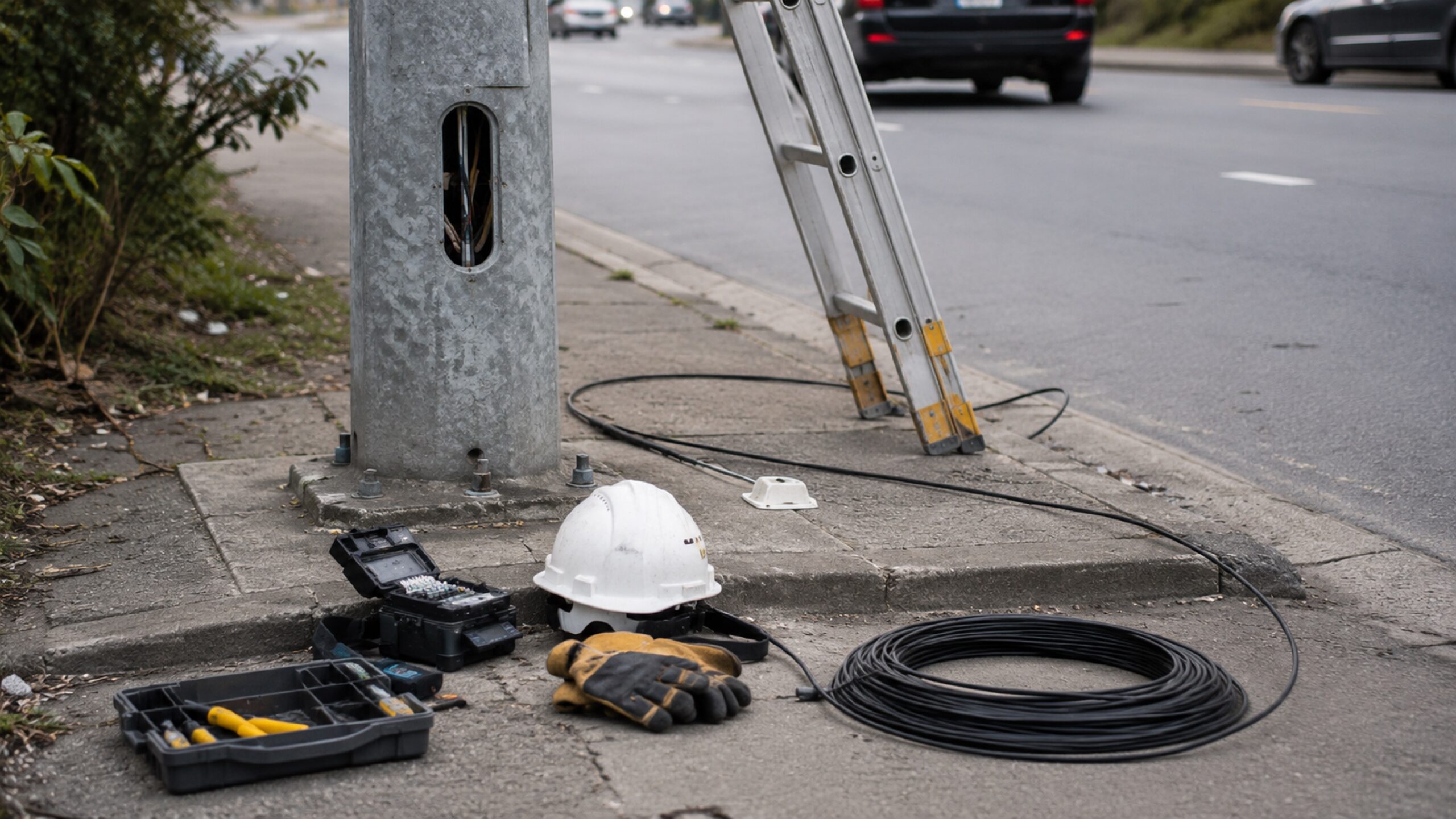 Cantiere di lavoro in strada con palo della luce pubblica, operaio al lavoro su impianto elettrico in provincia di Lecce