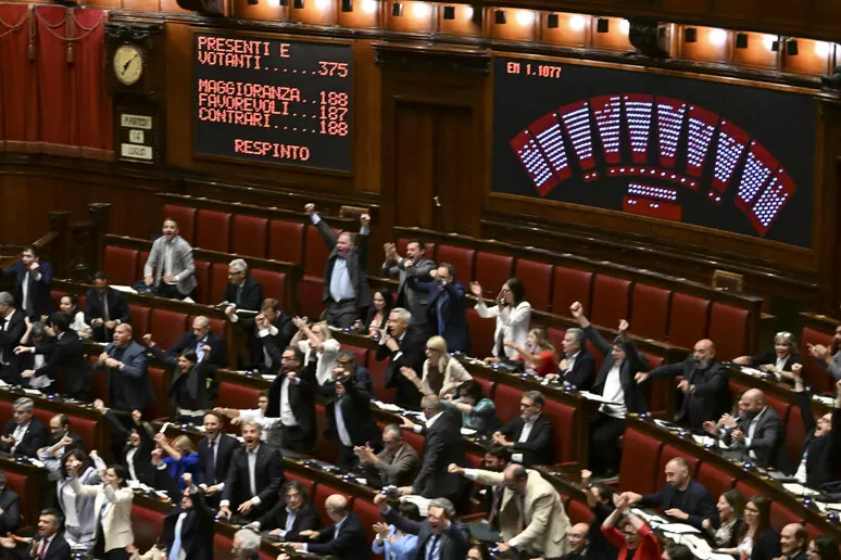 Aula di Montecitorio con deputati in discussione, cartelli di protesta esposti dai banchi dell'opposizione durante il voto, immagine di approfondiment